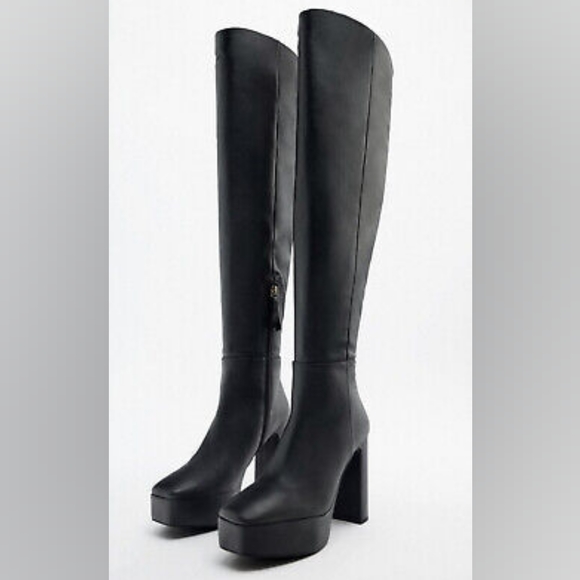 Zara Black Leather Over-the-knee Platform Boots - Picture 2 of 3
